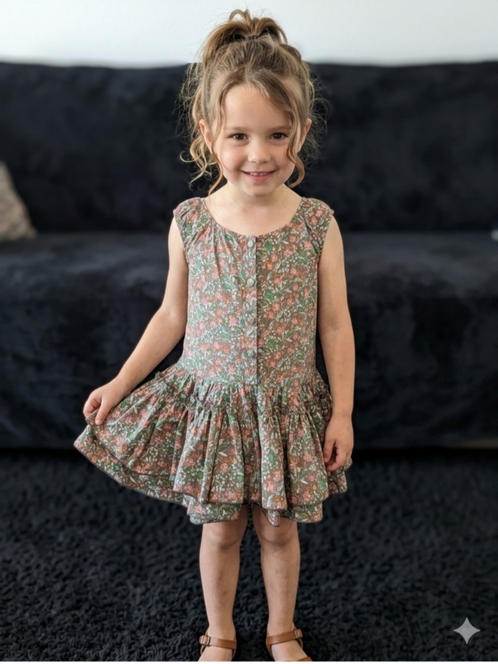 Matilda Jane Dusty Rose and Green Floral Button-Front Ruffle Dress Size 4 Years